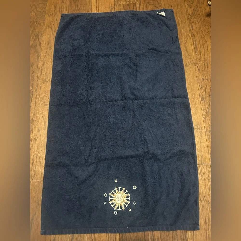 Celestial Navy Blue Embroidered Towel with Sun and Stars